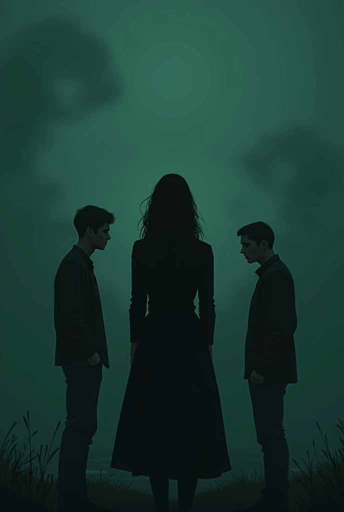 Create a book cover where there are three people depicting a woman's choice between two men. The silhouette of a larger woman in front faces the men, everyone is sad, one of the men is dissociating, showing that she did not choose him, the cover is dark green, The book talks about a woman who must choose between two loves. There are no letters on the cover. Representing a loving separation. Young people love each other, but they cannot be together.