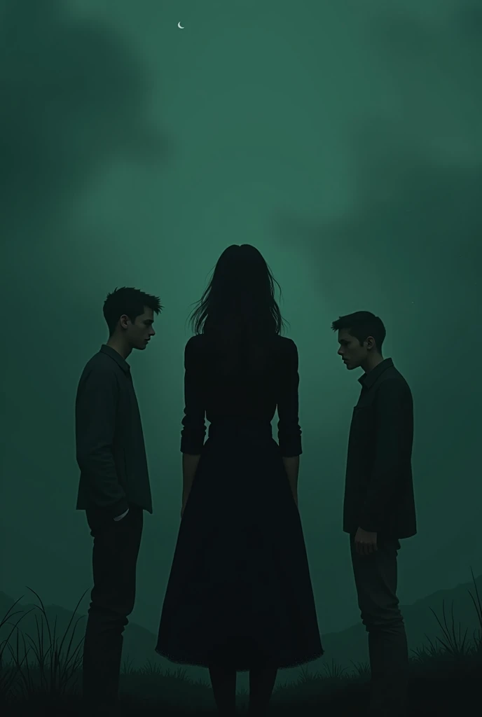 Create a book cover where there are three people depicting a woman's choice between two men. The silhouette of a larger woman in front faces the men, everyone is sad, one of the men is dissociating, showing that she did not choose him, the cover is dark green, The book talks about a woman who must choose between two loves. There are no letters on the cover. Representing a loving separation. Young people love each other, but they cannot be together.