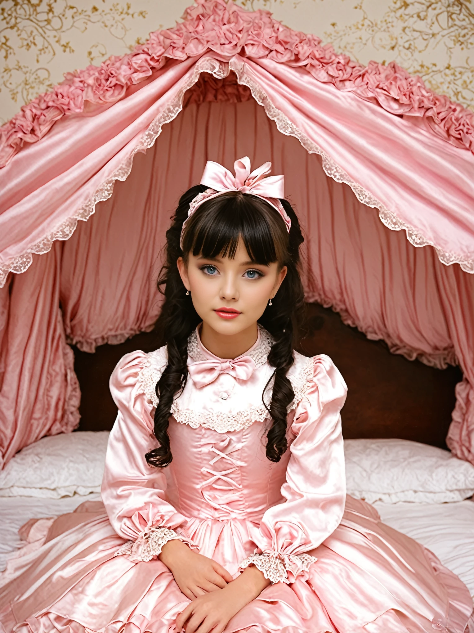 Beautifull 1girl on the bed,early age,a pink silk satin frilled blouse and skirt,medium dress,detailed ribbons,detailed lace petticoat,frilled sleeves,,a bed with a mountain of silk satin pillows,canopy bed,king size bed,more big bed,lot of silk satin frilled pillows,more pillows, A plump qulited silk satin soft devet,devet decorated ribbons, ruffles lace silk.retro white pipe bed frame, realistic, blue eyes, rolled long blond hear,