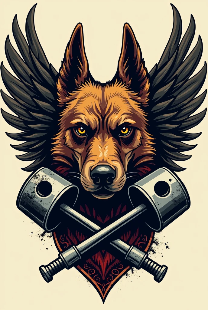 Make a coat of arms for a motorcycle club with an angry mongrel dog in the middle with a scar over its right eye, small wings coming out from behind it and two crossed pistons
