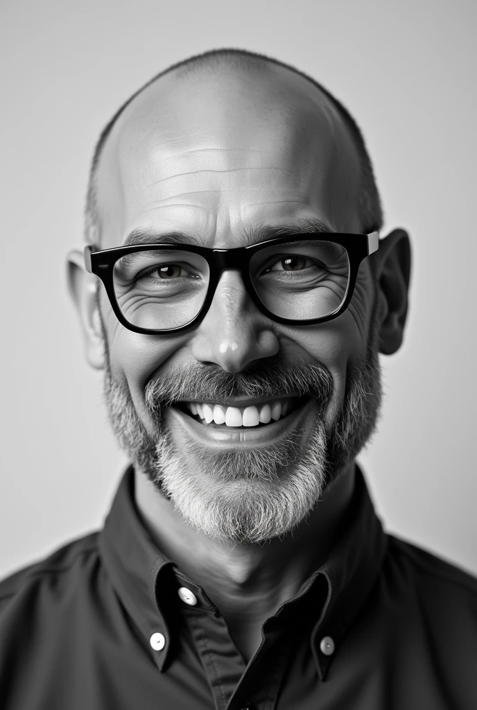 photo realistic:
Create a detailed black and white portrait of a man 40 years old, with a confident and warm smile. The man has a neatly trimmed beard and wears large, square-shaped glasses that frame his face. His bald head adds to the distinctive look, highlighting his facial features. The expression on his face is calm and relaxed, conveying a sense of ease. The black and white style should emphasize the contrast between the different tones, bringing out the texture of the skin and the shine on the glasses, while also capturing the softness of his beard. The background should be plain, allowing the focus to remain on the subject's face and expression.