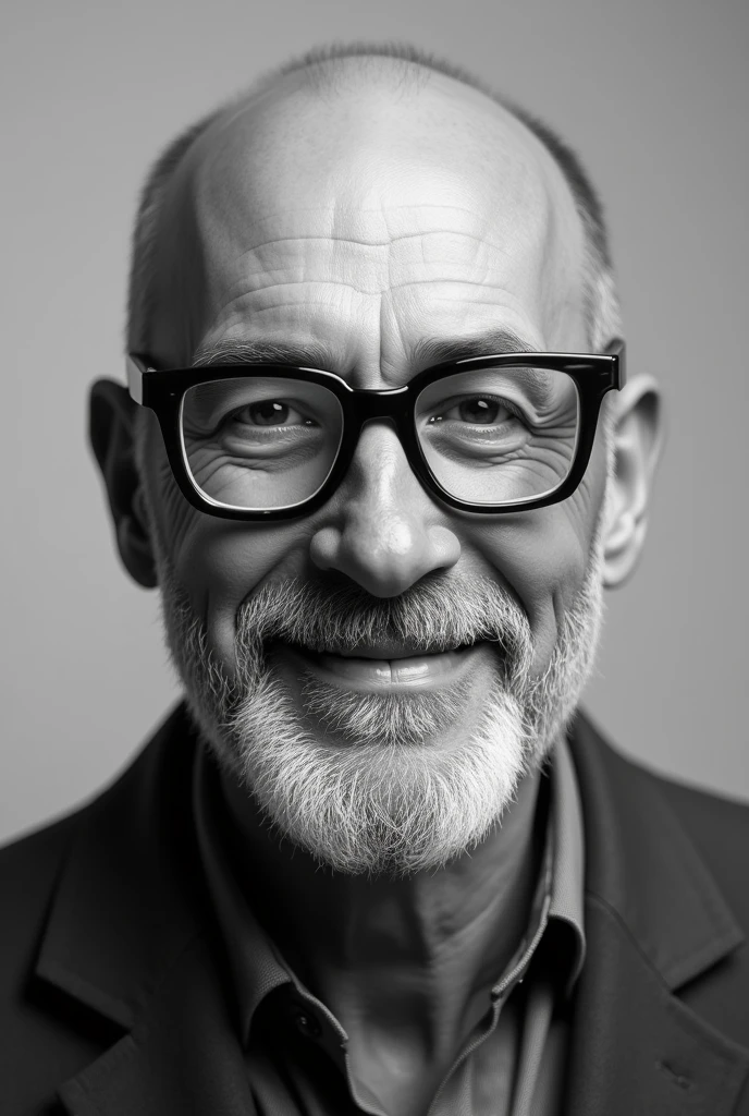 photo realistic:
Create a detailed black and white portrait of a man 40 years old, with a confident and warm smile. The man has a neatly trimmed beard and wears large, square-shaped glasses that frame his face. His bald head adds to the distinctive look, highlighting his facial features. The expression on his face is calm and relaxed, conveying a sense of ease. The black and white style should emphasize the contrast between the different tones, bringing out the texture of the skin and the shine on the glasses, while also capturing the softness of his beard. The background should be plain, allowing the focus to remain on the subject's face and expression.