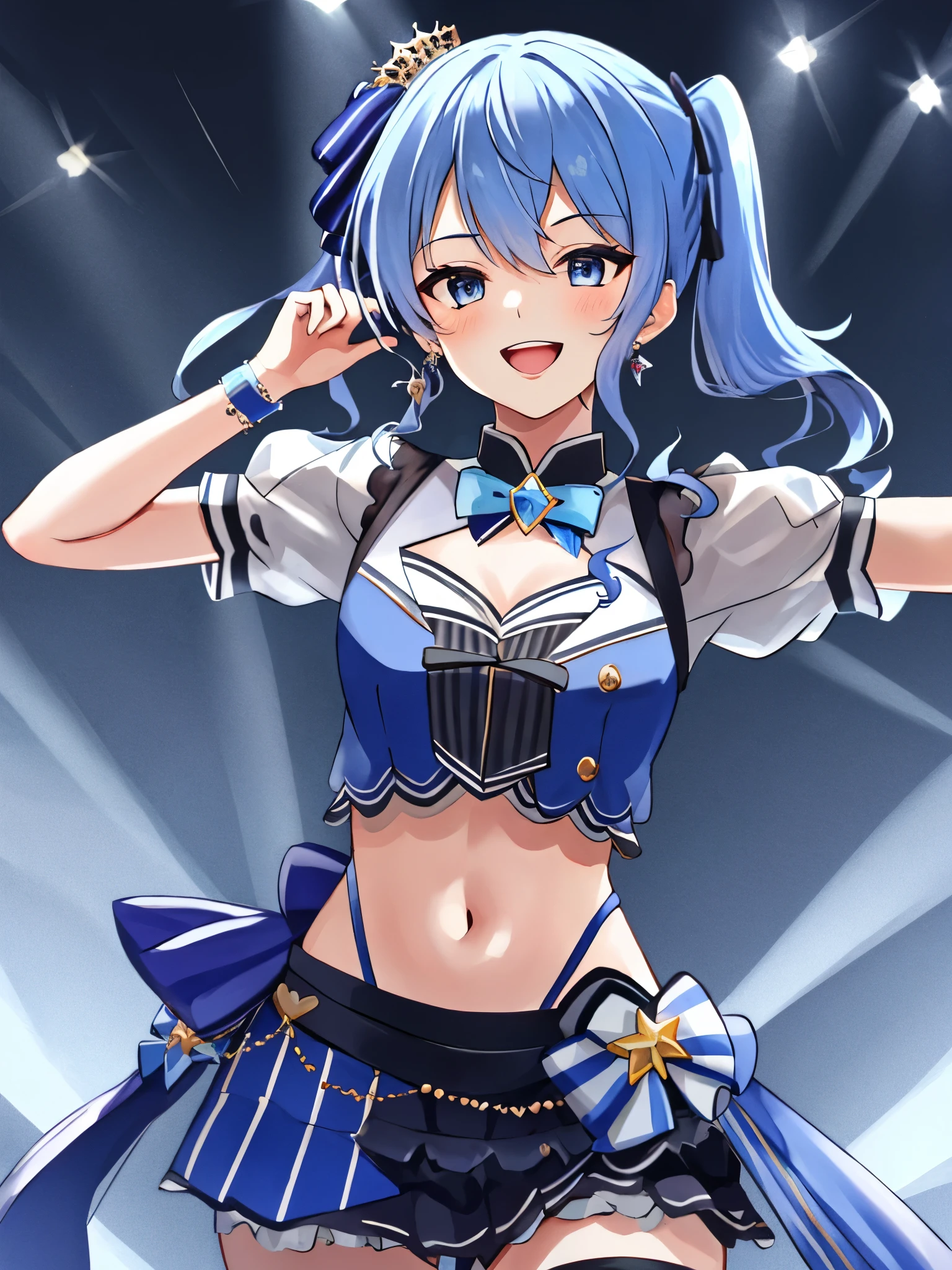masterpiece, best quality, absurdres, 1girl, solo, Hoshimachi Suisei, light blue hair, blue eyes, happy, smile, parted lips, slender, sidelocks, sideponytail, toned,
idol, idol clothes, hololive idol uniform, bowtie, blue skirt, brooch, dress, concert, on stage, frilled skirt, jewelry, layered dress, short sleeves, tiara, midriff, thighhighs,shout,(open_mouth:1.3),singing,(angry:0.6), (glare:0.6), idle_live,audience_landscape,light up_girl,solo,shiny_effects,smile。joy,happy,(slanted_eyes:1.3),navel,