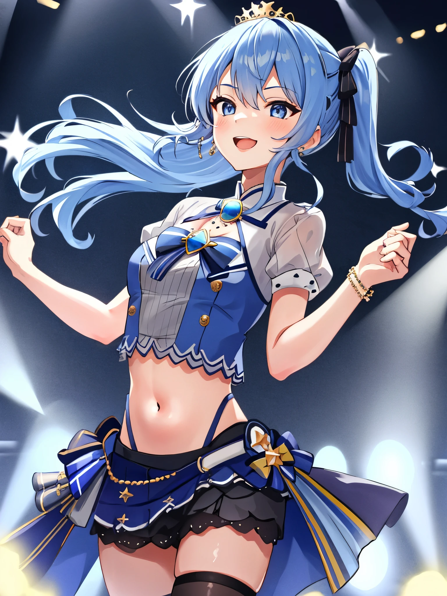 masterpiece, best quality, absurdres, 1girl, solo, Hoshimachi Suisei, light blue hair, blue eyes, happy, smile, parted lips, slender, sidelocks, sideponytail, toned,
idol, idol clothes, hololive idol uniform, bowtie, blue skirt, brooch, dress, concert, on stage, frilled skirt, jewelry, layered dress, short sleeves, tiara, midriff, thighhighs,shout,(open_mouth:1.3),singing,(angry:0.6), (glare:0.6), idle_live,audience_landscape,light up_girl,solo,shiny_effects,smile。joy,happy,(slanted_eyes:1.3),navel,
