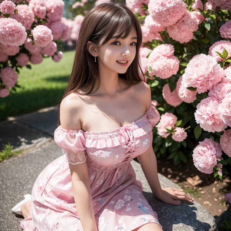 laughing out loud,travel scenery photos,Put on a sweet dress,Pink floral pattern dress,Floral pattern scattered throughout the dress,Puff sleeves,公主Puff sleeves,Puff sleeves cover shoulders,Short sleeve,A-line dress,(There is a layer of transparent mesh outside the skirt), Fluffy and lightweight dress,(The dress is made of mesh), There are pink ribbon bows on both sides of the collarbone.,High hem A-line skirt,1 female, On the face, light brown hair, blunt bangs, hair behind ears, Shoulder length hair, long hair, Slender body type, 超face slimming型, face slimming, delicate lips, beautiful eyes, Thin blush, Eyes are light brown,Check it out here, (actual:1.3), One person's perspective, 8k, Super detailed, high quality, best quality, High resolution,2,above knee shot,Breast protrusion,plump breasts, breasts in clothes,No breasts,H cup breasts