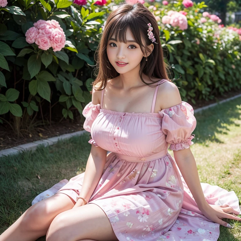 laughing out loud,travel scenery photos,Put on a sweet dress,Pink floral pattern dress,Floral pattern scattered throughout the dress,Puff sleeves,公主Puff sleeves,Puff sleeves cover shoulders,Short sleeve,A-line dress,(There is a layer of transparent mesh outside the skirt), Fluffy and lightweight dress,(The dress is made of mesh), There are pink ribbon bows on both sides of the collarbone.,High hem A-line skirt,1 female, On the face, light brown hair, blunt bangs, hair behind ears, Shoulder length hair, long hair, Slender body type, 超face slimming型, face slimming, delicate lips, beautiful eyes, Thin blush, Eyes are light brown,Check it out here, (actual:1.3), One person's perspective, 8k, Super detailed, high quality, best quality, High resolution,2,above knee shot,Breast protrusion,plump breasts, breasts in clothes,No breasts,H cup breasts