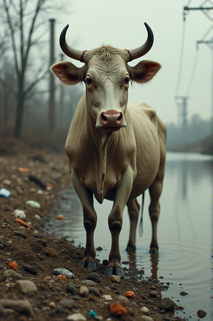 A cow loooking sick next to a dirty river