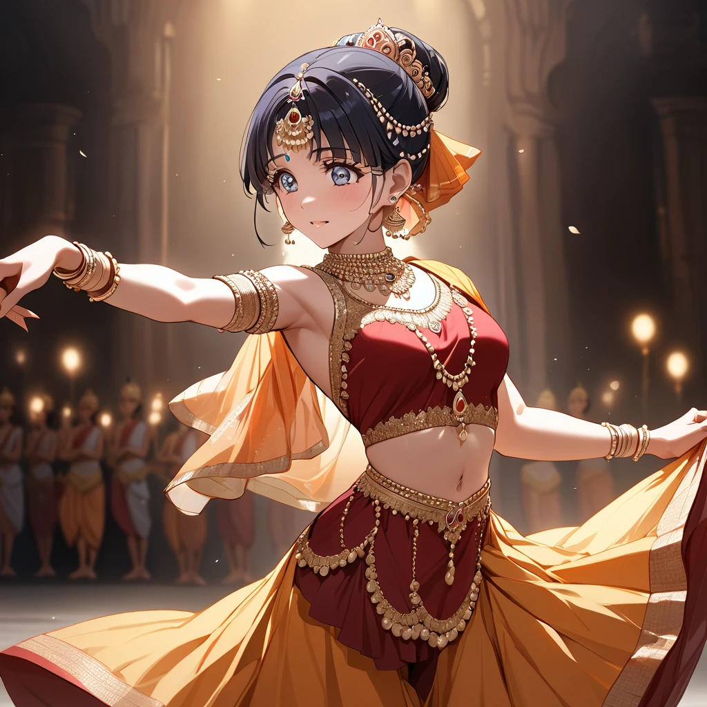 ((Highest quality)), ((masterpiece)), (detailed), (Perfect Face)、The woman is Reika Aoki with semi-long hair、A woman is dancing Bharatanatyam in Bharatanatyam costume in India