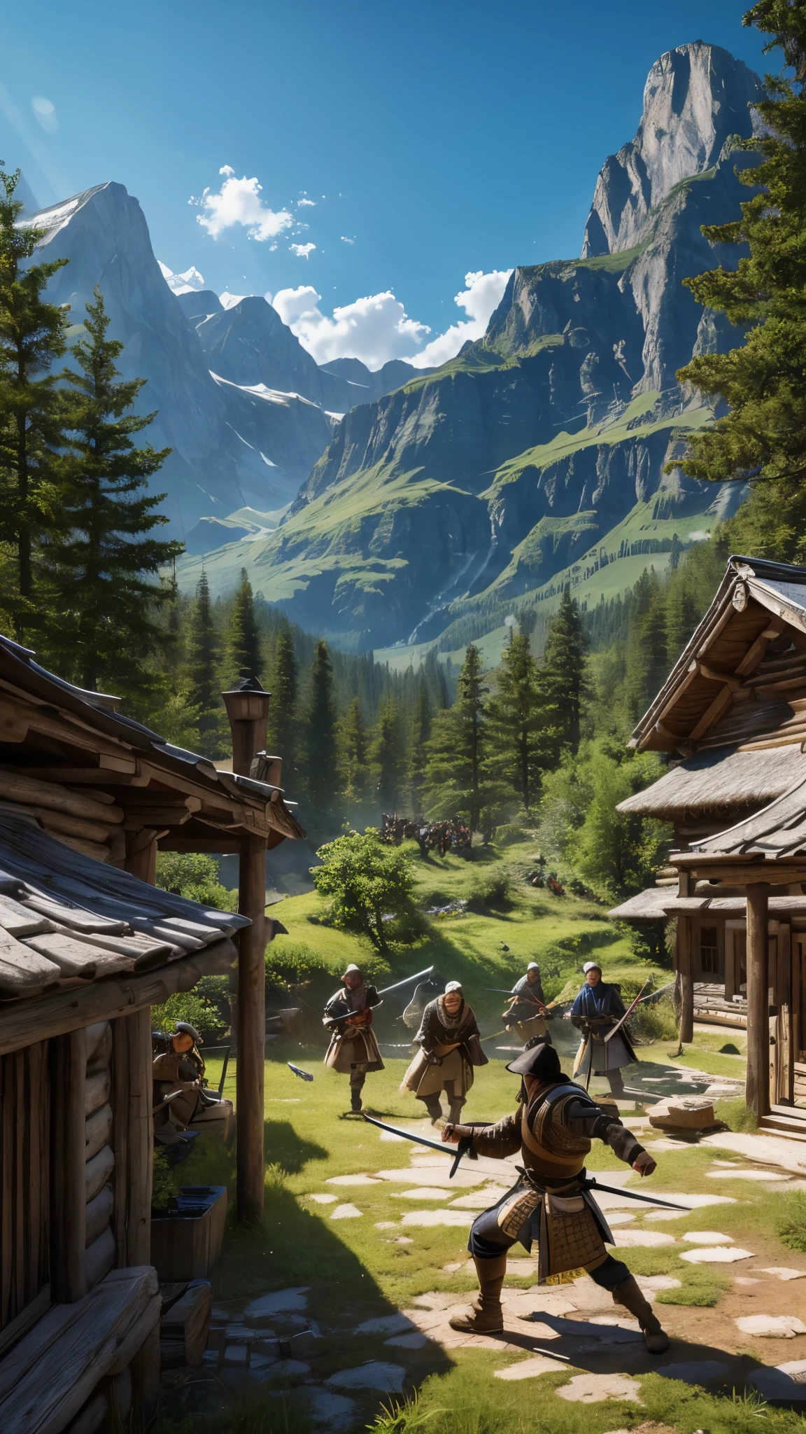 masterpiece, Very detailed, Ultra-realistic, Detailed Background, Bright lighting, lighting,, (A swordsman fighting bandits in a square surrounded by forest), (Mountain hut), (Wide-angle),