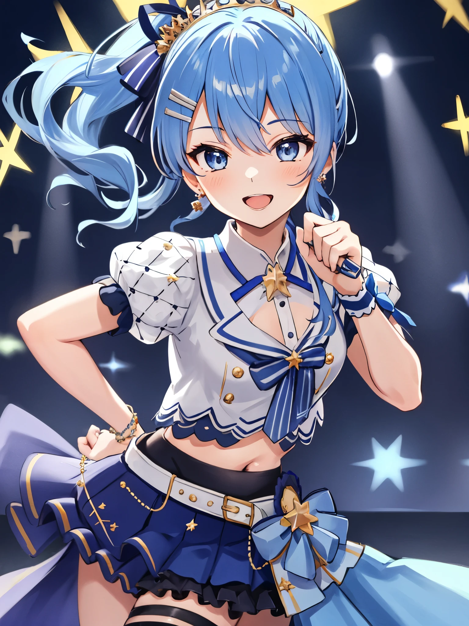 masterpiece, best quality, absurdres, 1girl, solo, Hoshimachi Suisei, light blue hair, blue eyes, happy, smile, parted lips, slender, sidelocks, sideponytail, toned,
idol, idol clothes, hololive idol uniform, bowtie, blue skirt, brooch, dress, concert, on stage, frilled skirt, jewelry, layered dress, short sleeves, tiara, midriff, thighhighs,shout,(open_mouth:1.3),singing,(angry:0.6), (glare:0.6), idle_live,audience_landscape,light up_girl,solo,shiny_effects,smile。joy,happy,(slanted_eyes:1.3),navel,