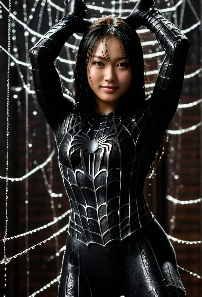 score_9, score_8_up, score_7_up, best quality, realistic, masterpiece, beautiful detail, hyperrealistic, (1girl, woman body, smile, black hair), big breasts:1, amazing detailed full body portrait of a beautiful japanese girl, defined muscle girl, wearing a realistic and highly detailed black raimi spider-man suit, ((huge muscular girl)), professional model wears ultra - detailed black raimi spider - man suit, ultra - detailed and grained black raimi spiderman suit, suit covered entire body and hand, black spiderman gloves, wet, (swinging on a spider web), (full body), (dirty skin), close up, octane render, highly detailed, volumetric, dramatic lighting, (highest quality:1.1), (HDR:1.3), (top quality, best quality), realistic, high definition,
