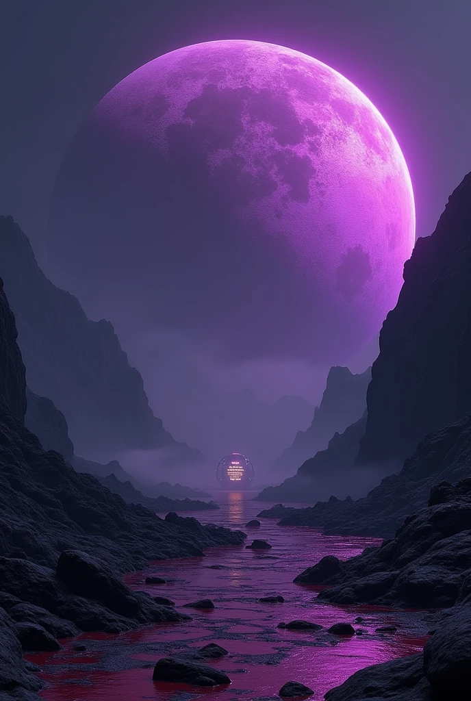 create a vision of two dark purple rocky planets overlapping in dark night space, seen from the surface of a mountainous PLANET with polished metallic tile surface in black and red cyberpunk style at night in the distance, has a wide, tall building like a dark gray research station with lighted windows, space is dark and you can only see one side of the planets through the thick atmosphere, Total dark, dark horizon, penumbra, as realistic as possible, the sun is out of the picture