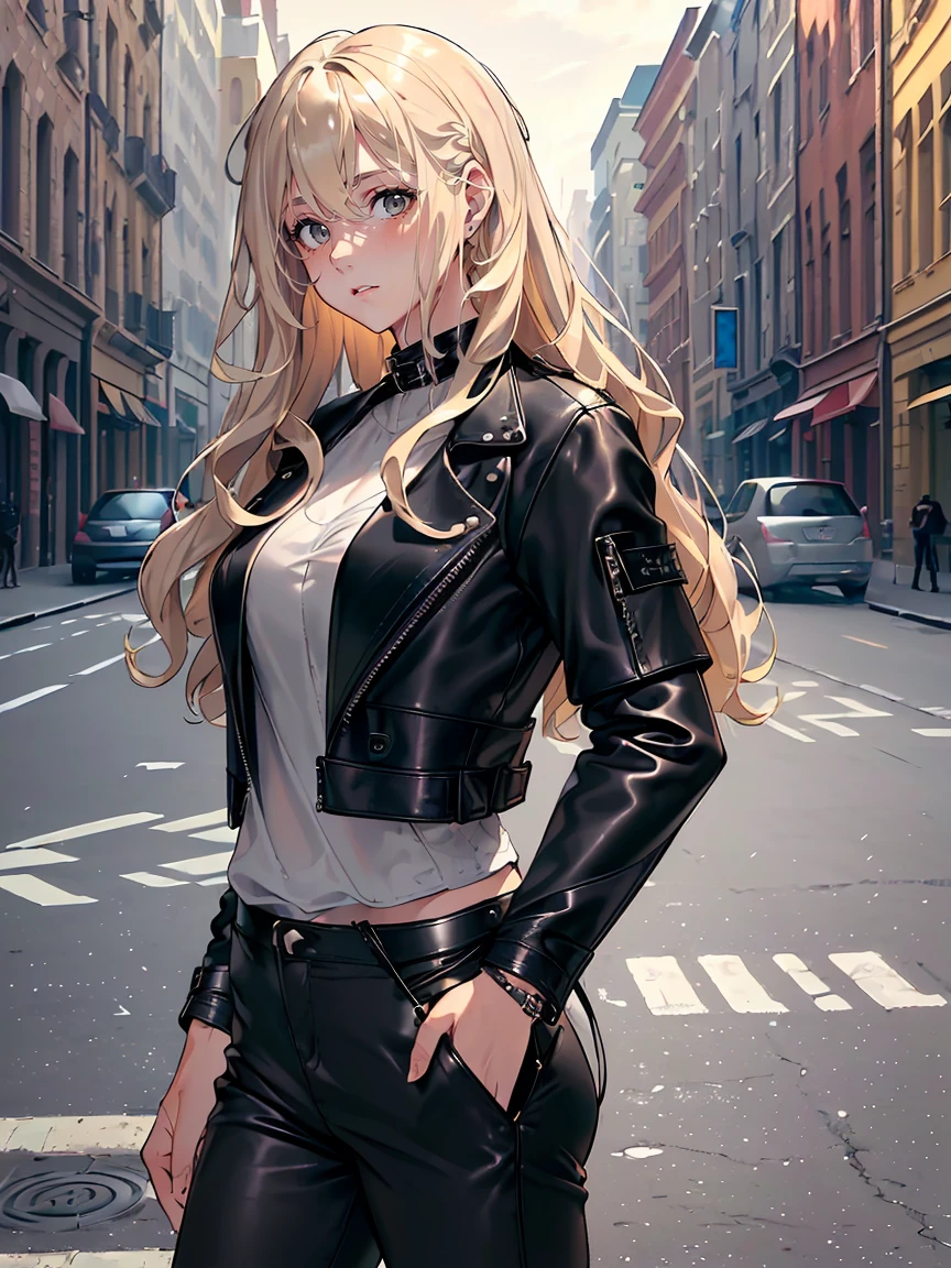 handsome girl, (((Grey eyes))) , Long blonde curly hair，Hyperresolution，accuracy，Detailed rendering，（Subtle facial image）（Image of fine hair）（topquality）（Masterpieces of masters）（High degree of completeness）（A sense of atmosphere）tmasterpiece，Super detailed and super detailed（half-body portrait) (((Casual street clothes)))(((CUTE))) (((sLIGHTLY MUSCULAR)))(((wEARING BLACK LEATHER JACKET)))