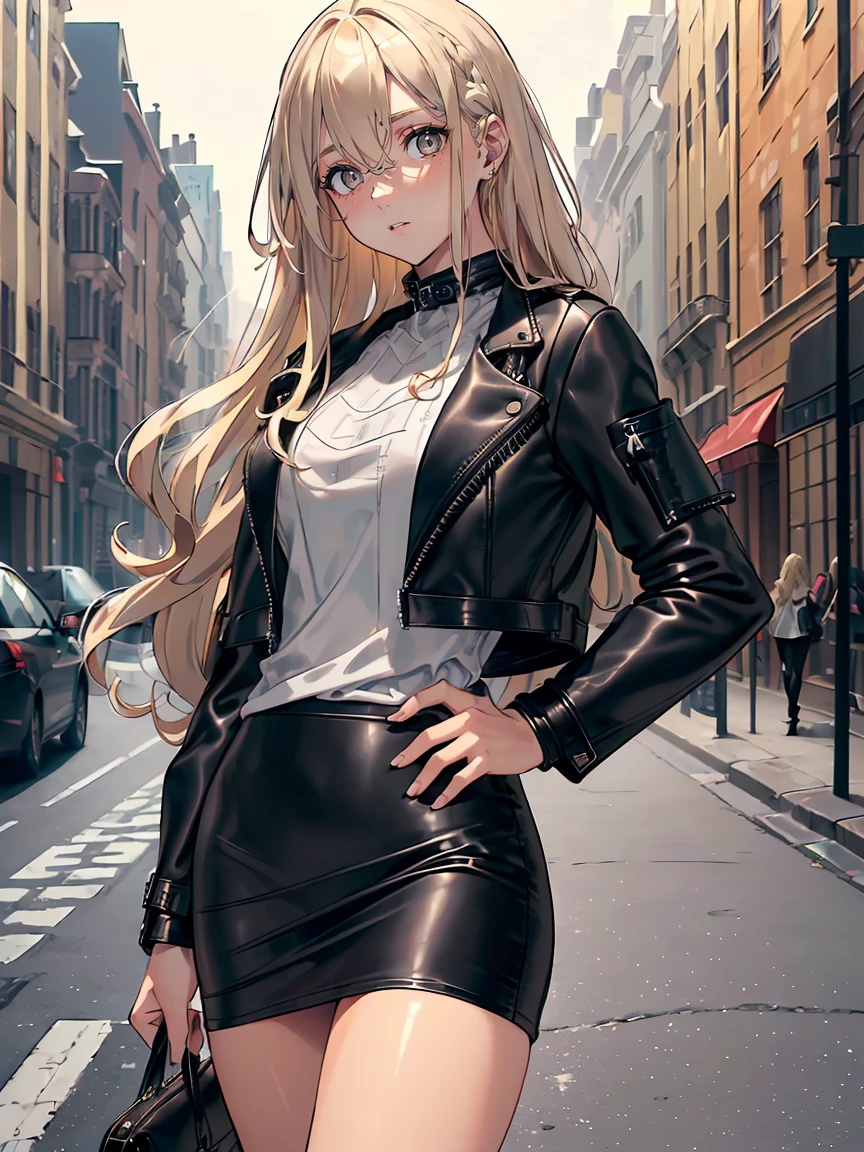 handsome girl, (((Grey eyes))) , Long blonde curly hair，Hyperresolution，accuracy，Detailed rendering，（Subtle facial image）（Image of fine hair）（topquality）（Masterpieces of masters）（High degree of completeness）（A sense of atmosphere）tmasterpiece，Super detailed and super detailed（half-body portrait) (((Casual street clothes)))(((CUTE))) (((sLIGHTLY MUSCULAR)))(((wEARING BLACK LEATHER JACKET)))