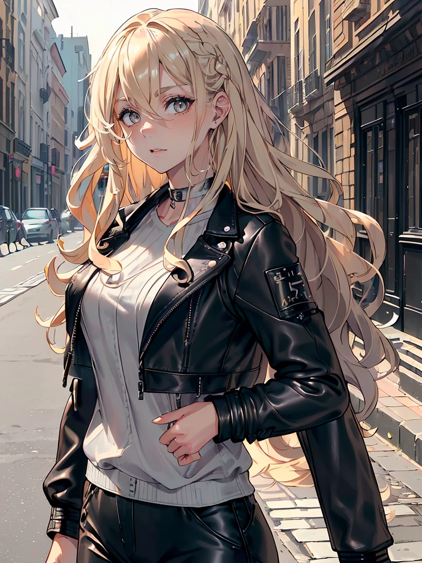 handsome girl, (((Grey eyes))) , Long blonde curly hair,Hyperresolution,accuracy,Detailed rendering,(Subtle facial image)(Image of fine hair)(topquality)(Masterpieces of masters)(High degree of completeness)(A sense of atmosphere)tmasterpiece,Super detailed and super detailed(half-body portrait) (((Casual street clothes)))(((CUTE))) (((sLIGHTLY MUSCULAR)))(((wEARING BLACK LEATHER JACKET)))