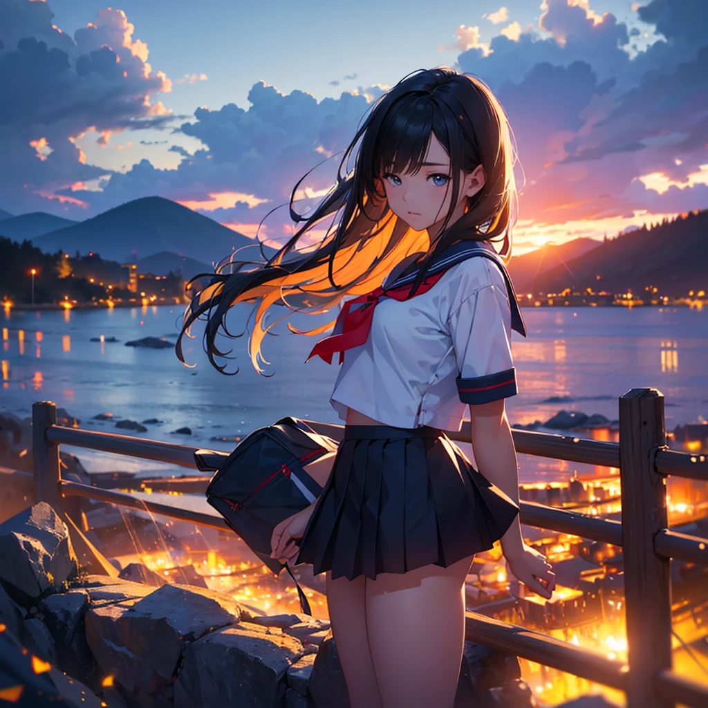 beautiful young girl in sailor suit, pleated skirt, long black hair, blue sky with cumulonimbus clouds, digital painting, (best quality,4k,8k,highres,masterpiece:1.2),ultra-detailed,(realistic,photorealistic,photo-realistic:1.37),HDR,UHD,studio lighting,ultra-fine painting,sharp focus,physically-based rendering,extreme detail description,professional,vivid colors,bokeh,portraits,landscape,dramatic lighting,cinematic composition,serene,calm,peaceful