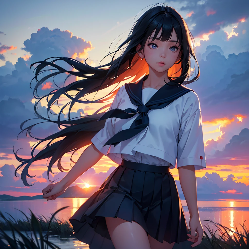beautiful young girl in sailor suit, pleated skirt, long black hair, blue sky with cumulonimbus clouds, digital painting, (best quality,4k,8k,highres,masterpiece:1.2),ultra-detailed,(realistic,photorealistic,photo-realistic:1.37),HDR,UHD,studio lighting,ultra-fine painting,sharp focus,physically-based rendering,extreme detail description,professional,vivid colors,bokeh,portraits,landscape,dramatic lighting,cinematic composition,serene,calm,peaceful