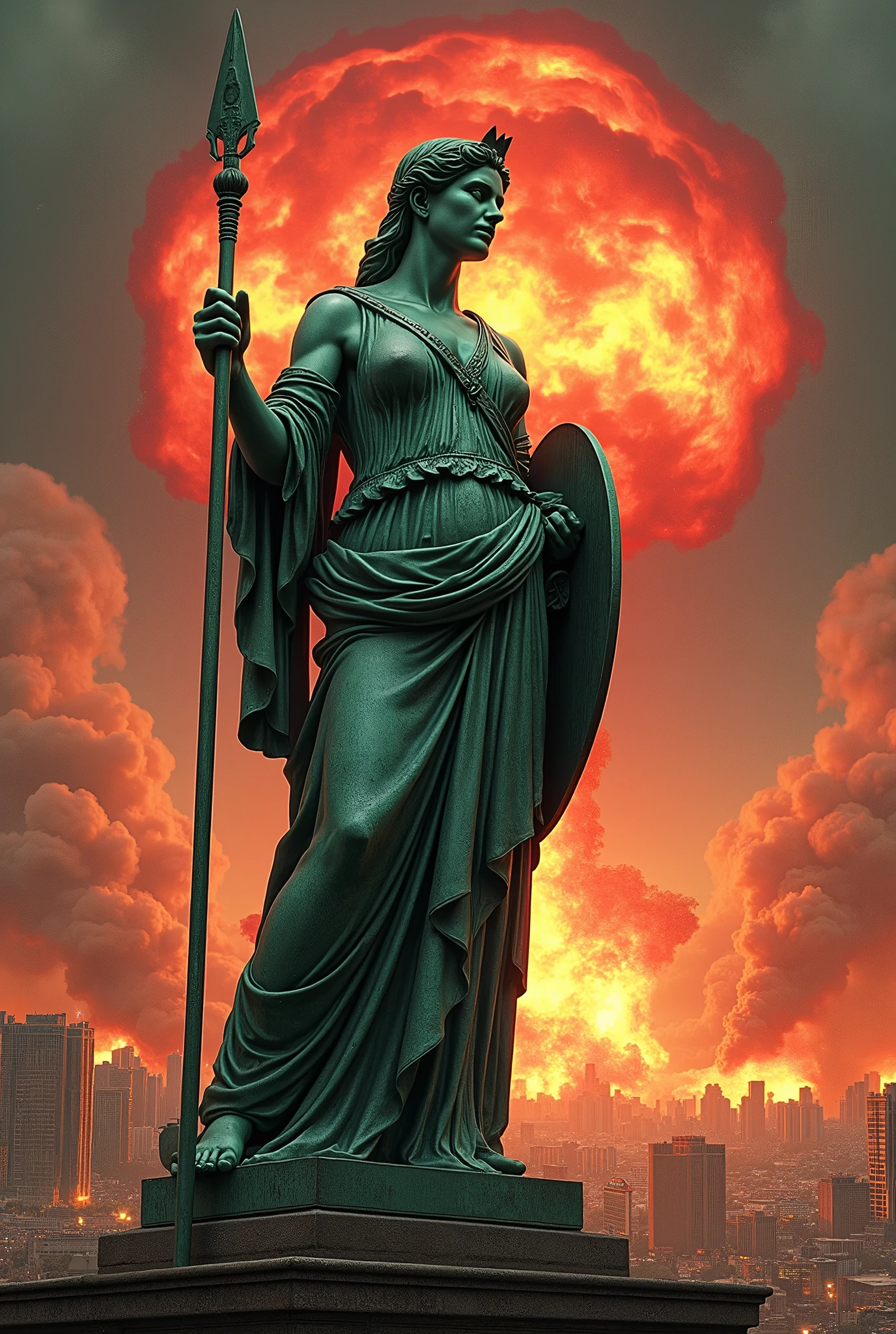 Une statue Noble Athéna Sous un Bombarbement Affiche Film 1956 Vert Cuivre Bombe Nucleair Rouge Gaz.