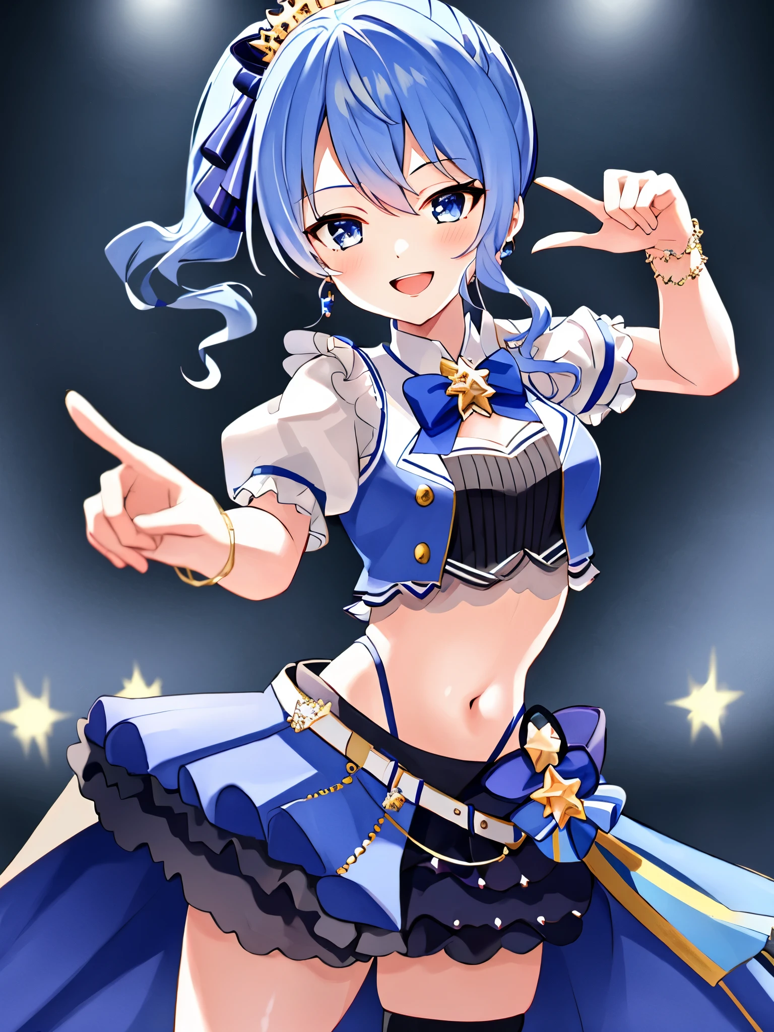 masterpiece, best quality, absurdres, 1girl, solo, Hoshimachi Suisei, light blue hair, blue eyes, happy, smile, parted lips, slender, sidelocks, sideponytail, toned,
idol, idol clothes, hololive idol uniform, bowtie, blue skirt, brooch, dress, concert, on stage, frilled skirt, jewelry, layered dress, short sleeves, tiara, midriff, thighhighs,shout,(open_mouth:1.3),singing,(angry:0.6), (glare:0.6), idle_live,audience_landscape,light up_girl,solo,shiny_effects,smile。joy,happy,(slanted_eyes:1.3),navel,