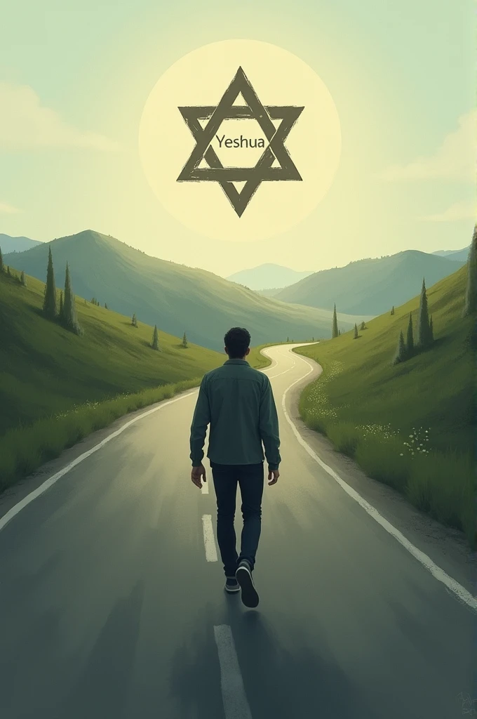 A person walking down a road with his back to the Star of David with the name Yeshua