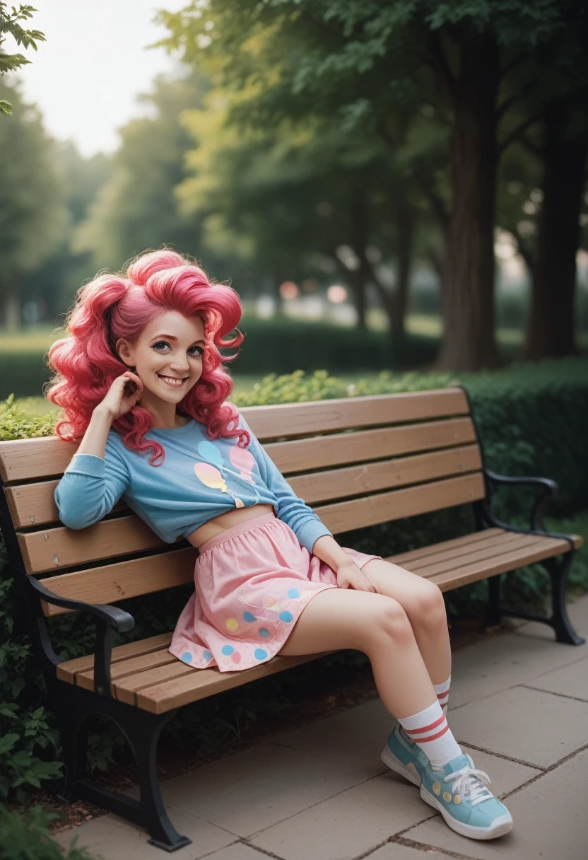 Pinkie pie,smiling, sitting on a bench