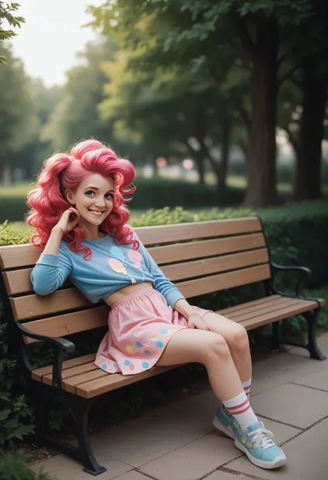 pinkie pie,smiling, sitting on a bench