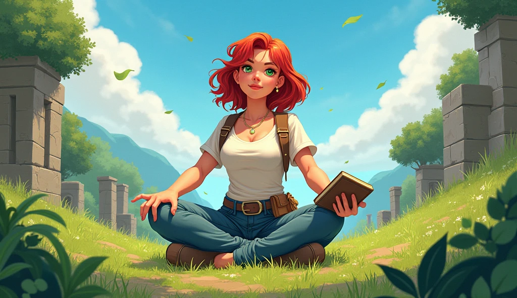 Creative, free, red hair, medium-sized chest, medium-sized hips, small hands, green eyes, fair skin, medium height, weight around 70, clear details and high, has a book and glasses in his hand, writes with a pen. The location is on a high hill, surrounded by ancient ruins, greenery, clear weather, sun shining. legs open, chest open