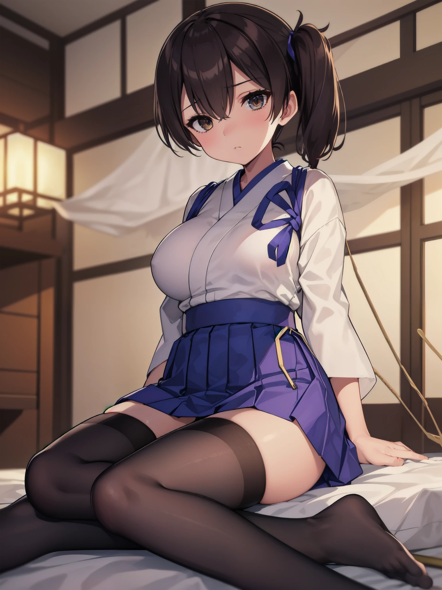 Kaga(Fleet Collection),highest quality, masterpiece, High resolution,kimono,blue skirt,side ponytail,big_breasts,large_thighs,thigh-highs,plump,hold_Japanese_bow,(angry:0.7), bow_shooting_pose,rise_arms,solo,sleepy_eyes,half_eyes,