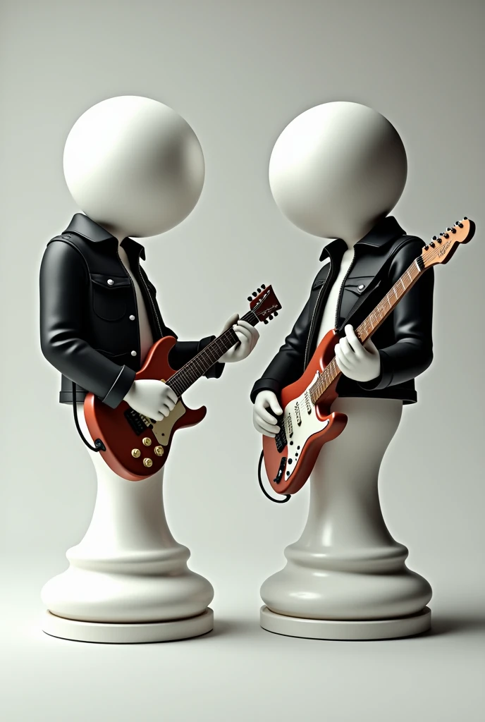 Create two characters that are chess pawns with a leather jacket and holding an electric guitar. The head should be spherical without eyes similar to a real chess pawn and not legs but like the base of a real chess pawn.. The base and the head and hands must be white.