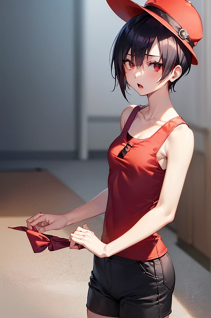 masterpiece, best quality,anime style, 1 girl,(((slender body))), (((small eyes))),(((tank top,hot pants,red tie,red bowler hat))), (beautiful face), (((short hair))), (((straight hair))), ((((black hair)))),detailed beautiful skin, (perfect hands, perfect anatomy),scream