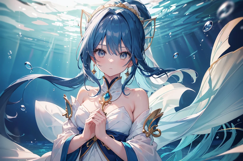 ((MasterPiece, Ultra High Quality, morden anime Style)) A translucent fair-skinned girl with sun-white eyes and long, straight dark blue hair tied in a ponytail. She has a blue and white mermaid tail. She wears a traditional white and gold mermaid outfit, and wears some jewelry on her hands. She is underwater looking at the viewer with a passionate gaze.