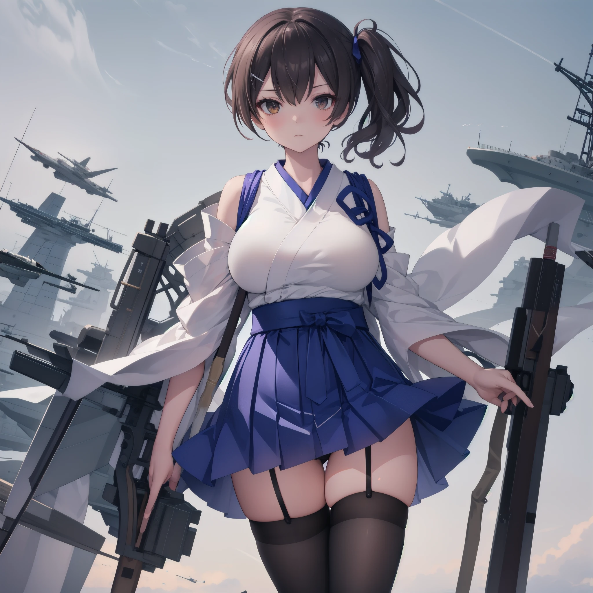 Kaga(Fleet Collection),highest quality, masterpiece, High resolution,kimono,blue skirt,side ponytail,big_breasts,large_thighs,thigh-highs,plump,hold_Japanese_bow,(angry:0.7), bow_shooting_pose,rise_arms,