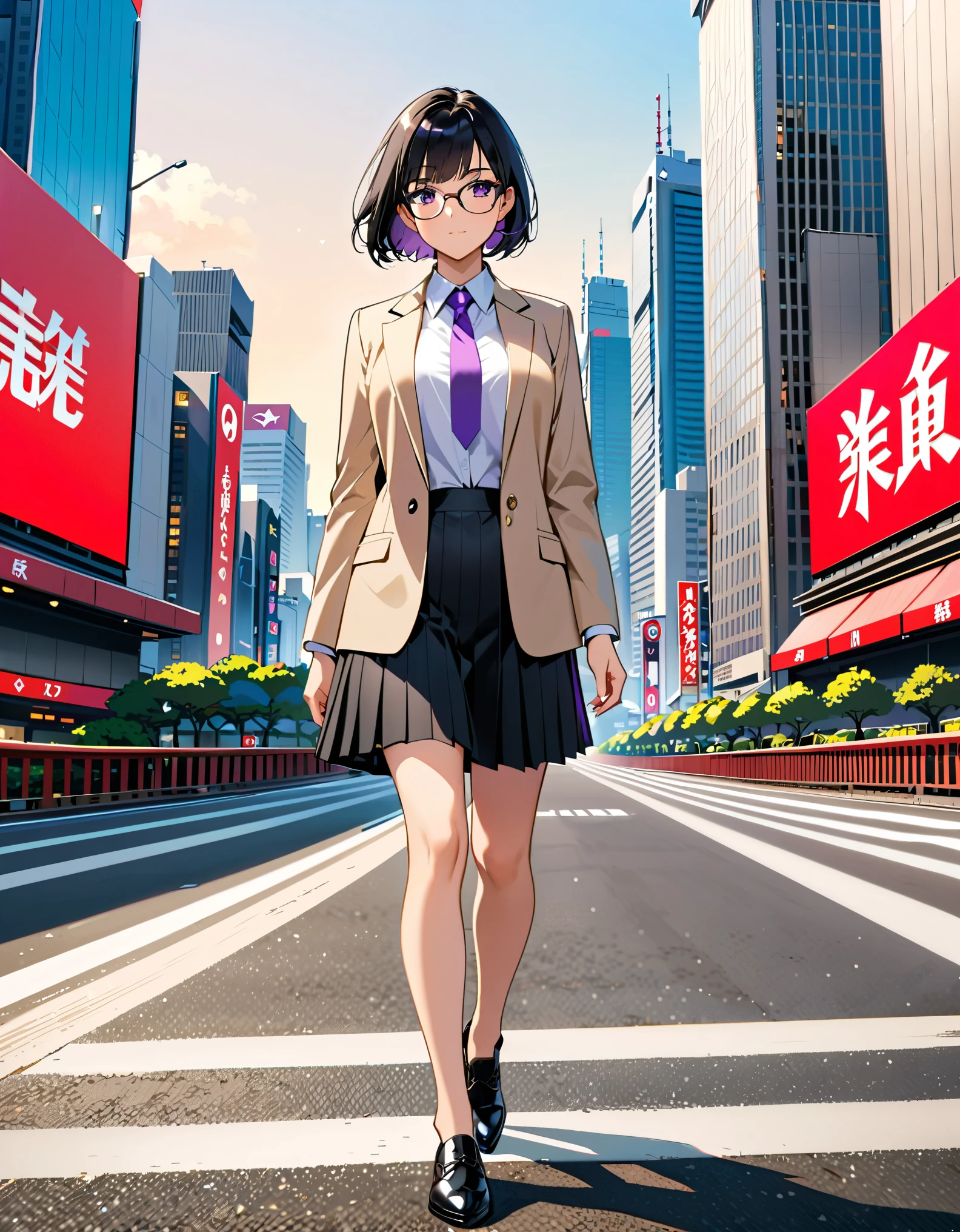 (masterpiece), (best quality), (medium breasts), solo, (jet black hair, short hair, bob hair, purple eyes, bangs), (full body), city backdrop, tokyo city backdrop, solo, solo focus, walking, beige suit jacket, glasses, white shirt, collared shirt, black pleated skirt, matching black shoes, (perfect hands, perfect anatomy), cowboy shot, superhero, ((beautiful detailed eyes)).
