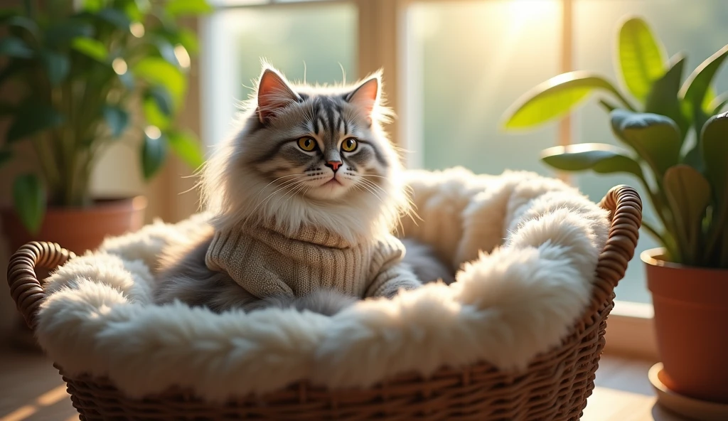 A detailed, ultra-realistic image of an elderly persian cat sitting in a plush, well-cushioned basket. The cat’s skin shows natural wrinkles, and it is wearing a small, soft sweater for warmth. The background includes a sunlit window with plants, creating a peaceful atmosphere, photorealista, 8K, (melhor qualidade,4K,8K,alta resolução.