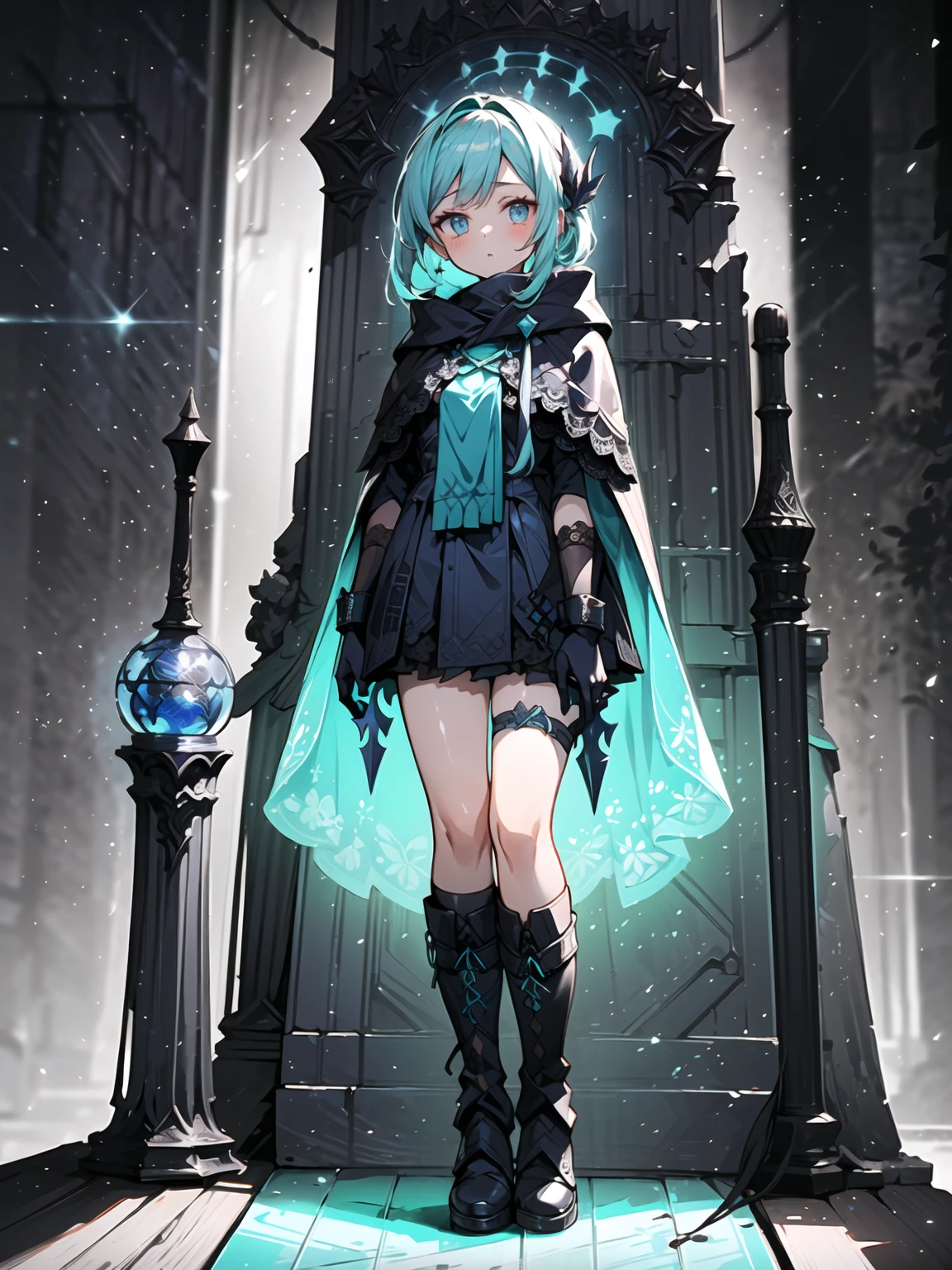 Design a layout showcase Gaming character, (1girl). Purple+Black clothes, mysterious and enchanting, ((showcase weapon:1.4)), enchanted orb, (masterpiece:1.2), (best quality), 4k, ultra-detailed, (Step by step design, layout art:1.5), (dim lighting, mystical glow), sorceress, ((lace gloves)), (((revealing cloak:1.3))), enchanted bracers, lace-up boots, (((full_body_shot:1.4)))
