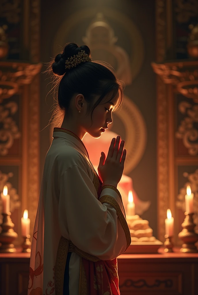 Vietnamese girl clasping hands to pray to Buddha