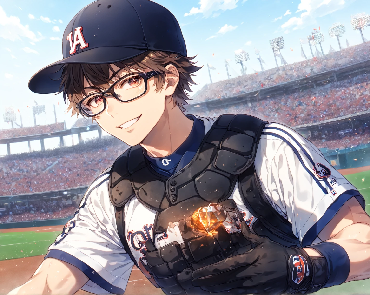 absurdres, highres, ultra detailed, HDR, master piece, Miyuki Kazuya, brown hair, expressive amber eyes, black glasses, white baseball uniform, Diamond No Ace, sexy man, handsome, best quality, fantasy, magical, solo, sensual, stadium, blue sky, handsome smile, manly man, black gloves,