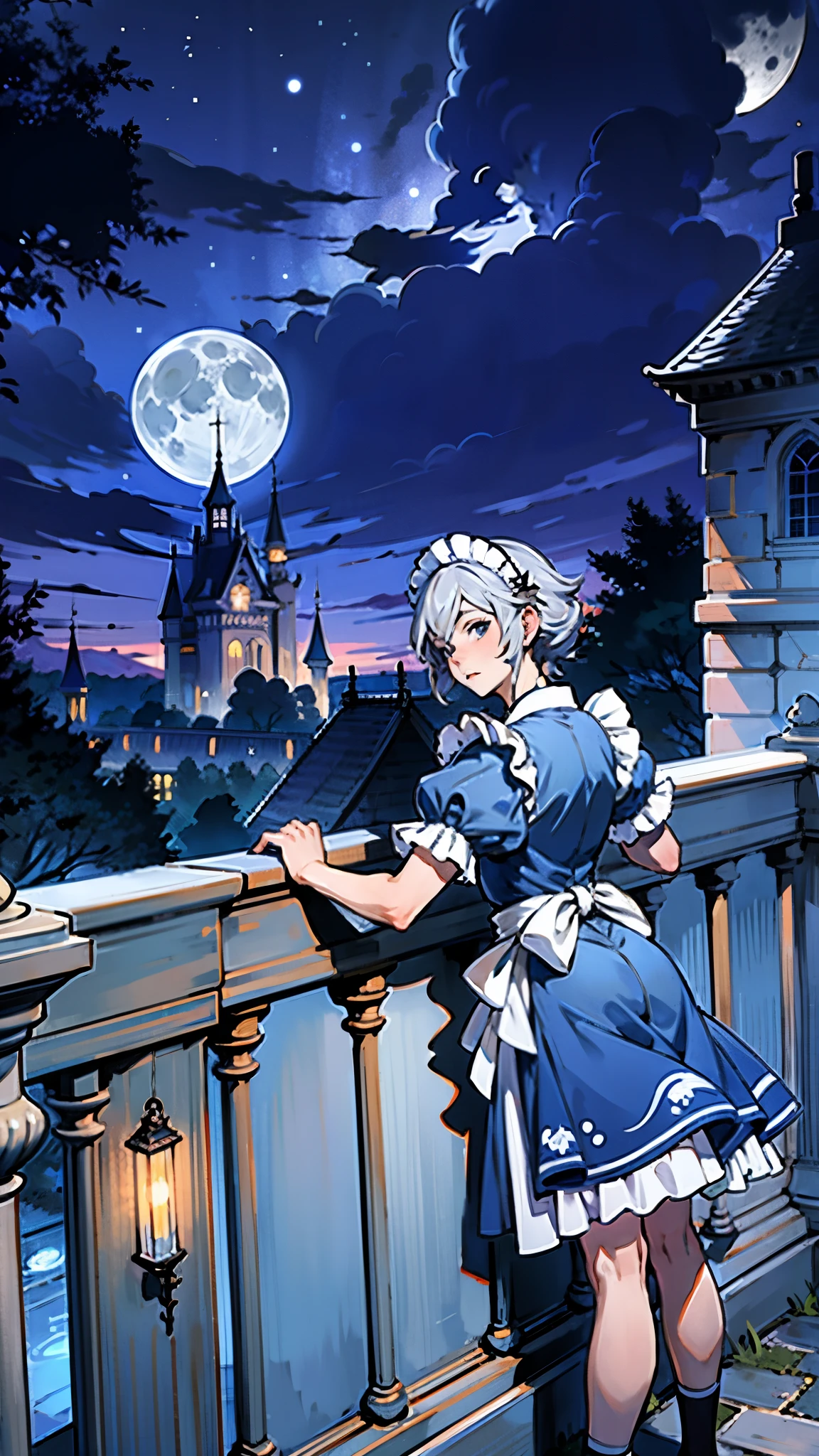 Sakuya Izayoi, silver hair, blue eyes, blue maid outfit, white apron, calm and serious expression, Scarlet Devil Mansion background. Il y a une femme en robe bleue debout sur un balcon à regarder la lune. du désir, clair de lune bleuâtre, regarder la lune, la lune derrière elle, la nuit moonlit, tenue sur le thème lunaire, lune bleuelight, nuit bleue, , la nuit!!, la nuit, touhou, je regarde la pleine lune, lune bleue, la nuit!, Au clair de lune, anime girl in blue robe looking at a castle at night, anime girl in a Femme de ménage costume, le désir de projeter official artwork, a Femme de ménage in a magical forest, le désir de projeter, éclaboussure d'art animé , ( château en arrière-plan ), caractère nostalgique, cosplay d' Femme de ménage! robe, anime girl in a Femme de ménage costume, une fille d'anime en robe bleue regardant un château la nuit, anime girl dans un costume de femme de chambre, éclaboussure d'art animé , high detailed art officielwork, fille de chat anime dans un costume de femme de chambre, cushart krenz art clé féminin, une femme de chambre dans une forêt magique, Tendances sur ArtStation pixiv, tenue de femme de chambre, art officiel, ( château en arrière-plan )