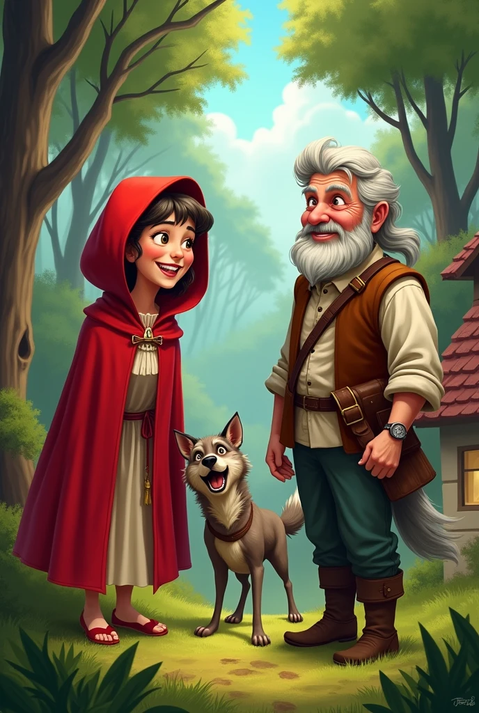Little Red Riding Hood&#39;s wolf escapes while Little Red Riding Hood, The grandmother and the hunter laugh at him
