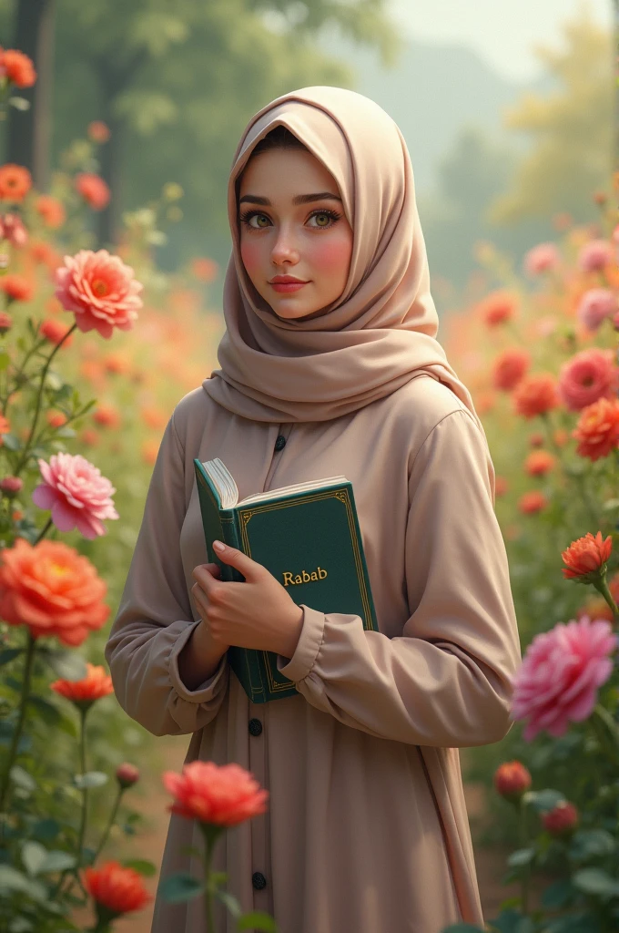 A hijab girl of 18 year holding a book, standing in a flower garden, write Rabab on her book