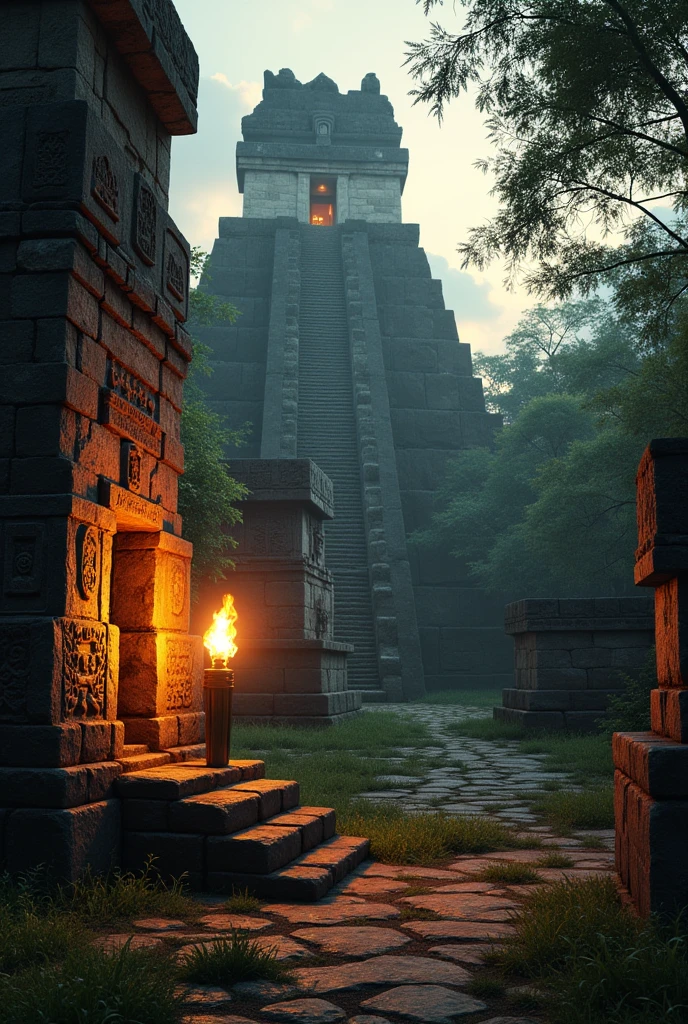Torch in the background of the ruins of Tikal

