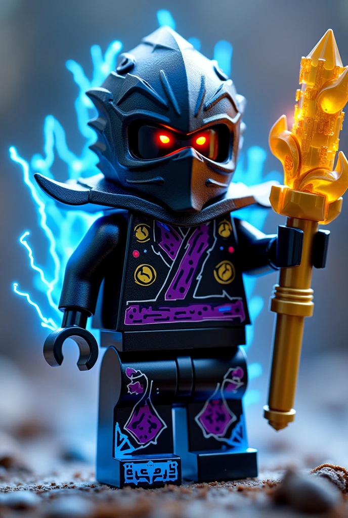 Créer moi un lego ninja go avec une puissance incroyable avec comme puissance élémentaire la foudre l’énergie la terre le feu l’eau la glace et le cristal. Les habits du ninja doit être en noir violet et bleu avec des reure mélanger en forme de osmium et foudre avec une peau noir avec des formes de cristal et foudre et un regard terrible sombre avec des yeux rouge et noir brillant. Un ninja imbattable monstrueux beaucoup trop puissant qui contrôle tout les pouvoirs élémentaire extraordinaires. Il doit avoir Le kusarigama doré foudre brillant sur une main et dans l’autre main la mega arme ultime en or