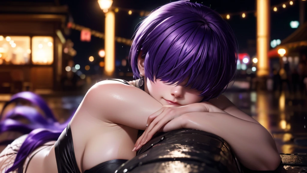 (at night), alone, in a video game scene a background of a beautiful city during the day raining, standing at attention, purple hair, ((purple hair)), 1 girl, alone, 20 years old, young woman, perfect hands , beautiful and perfect symmetrical fingers, beautiful long legs, perfect legs, beautiful body, beautiful nose, beautiful character design, perfect face, look at the viewer (focusing on the entire character), closed mouth, Light_Smile, official art, wallpaper Extremely detailed CG unity 8k, perfect lighting, bright and colorful front lighting, glowing skin (masterpiece: 1.0), (best quality: 1.0), ultra high resolution, 4K, ultra detailed photography, 8K, HDR, high resolution, nonsense: 1.2, Kodak portra 400, film grain, blurred background, bokeh: 1.2, lens flare, (vibrant_color: 1.2), professional photography, (beautiful_face: 1.5), (narrow waist),