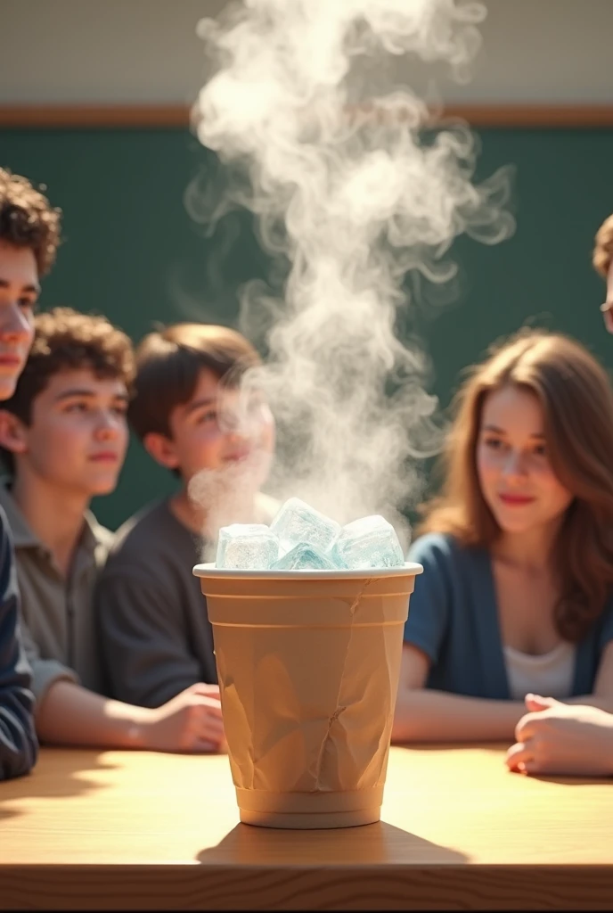 Image of a disposable cup containing boiled water with ice and too much steam coming out of the cup and students looking around