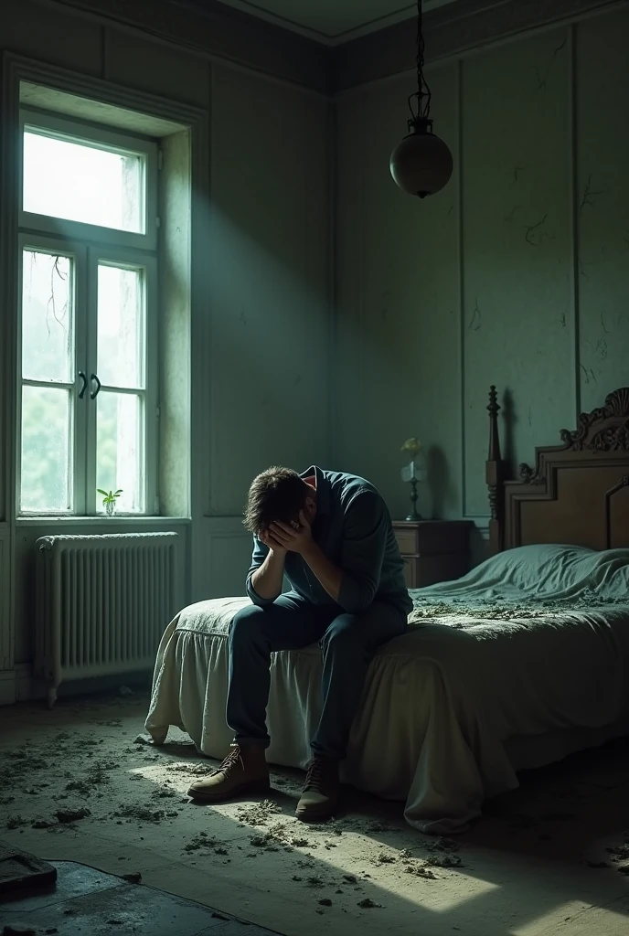 abandoned mansion, crying man sitting on a bed