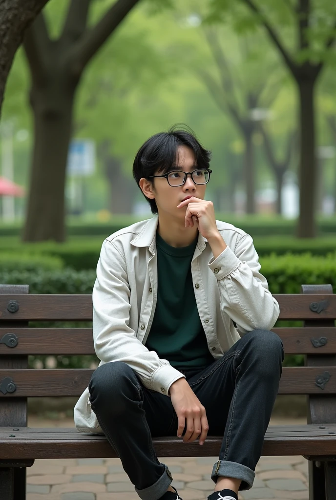 Young man with glasses and semi-long hair sitting on a bench in a park, with black eyes and white flannel with dark green shirt over it, dark jeans with black converse.