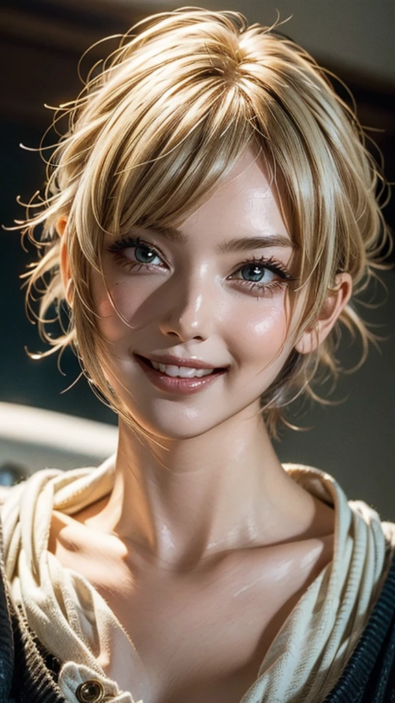 (Beautiful Face:1.2),Alice, Anime art style, one person, One person, Lookwg_w_Audience, smile, short_hair, Open_mouth, big_chest, kings_eye, hair_between_eye, upper_boISy, white_hair, :IS, Blurred, leader