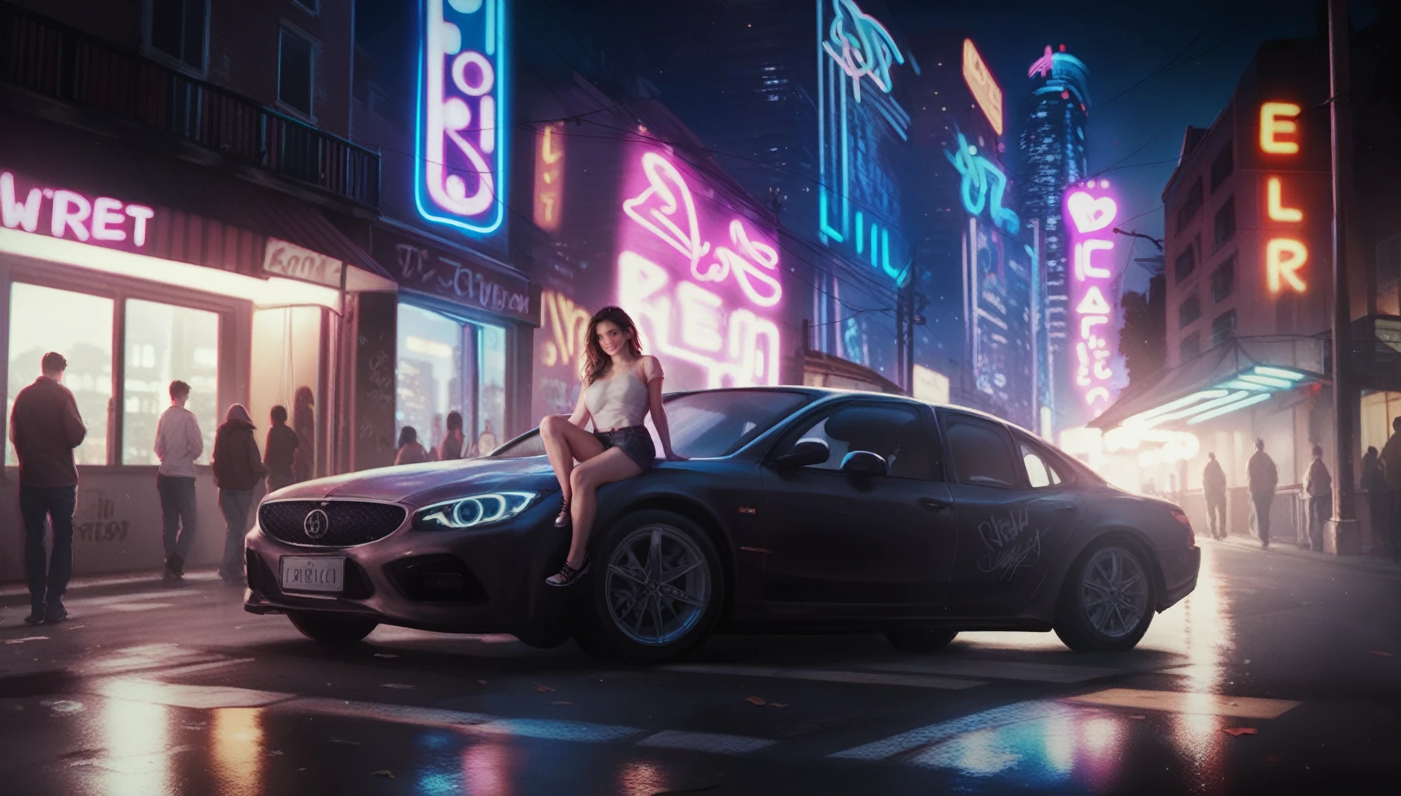 A city street at night, urban graffiti-covered walls, a vintage car parked on the side, neon lights illuminating the scene, realistic, photorealistic, 8k, high quality, detailed, vibrant colors, cinematic lighting, dynamic composition, gritty, moody atmosphere