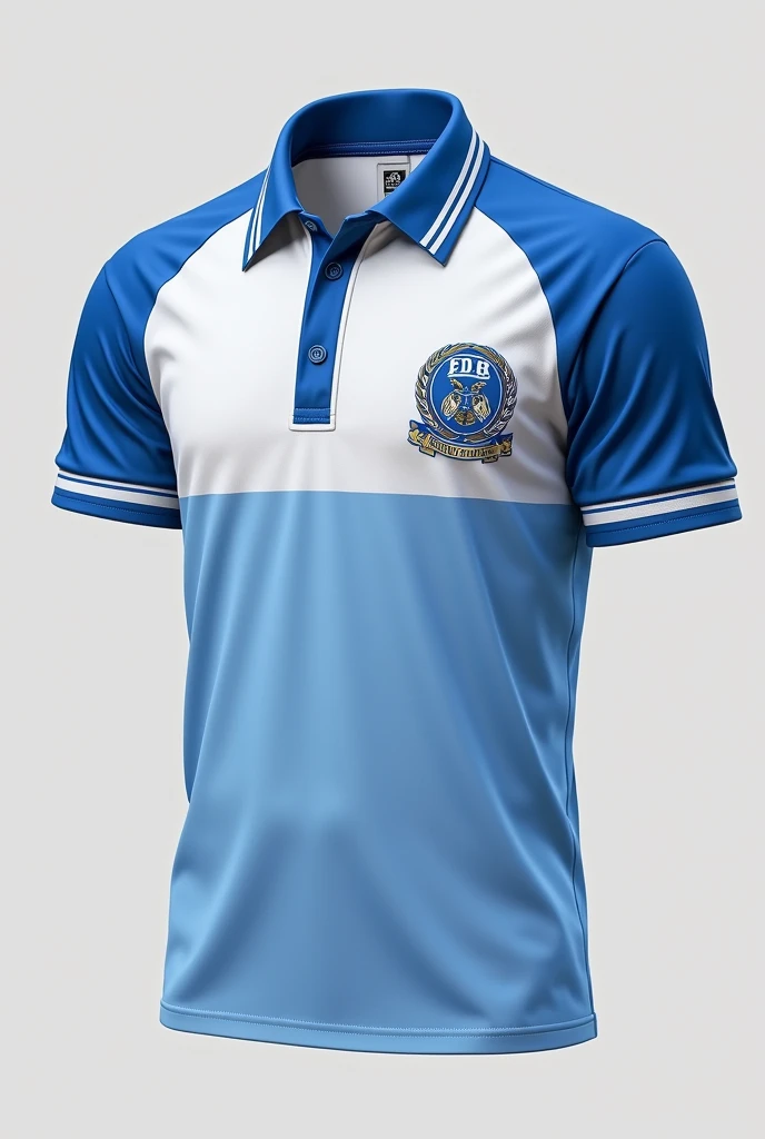 White and blue interclass short sleeve shirt, school crest with the name &#39;edb&#39;