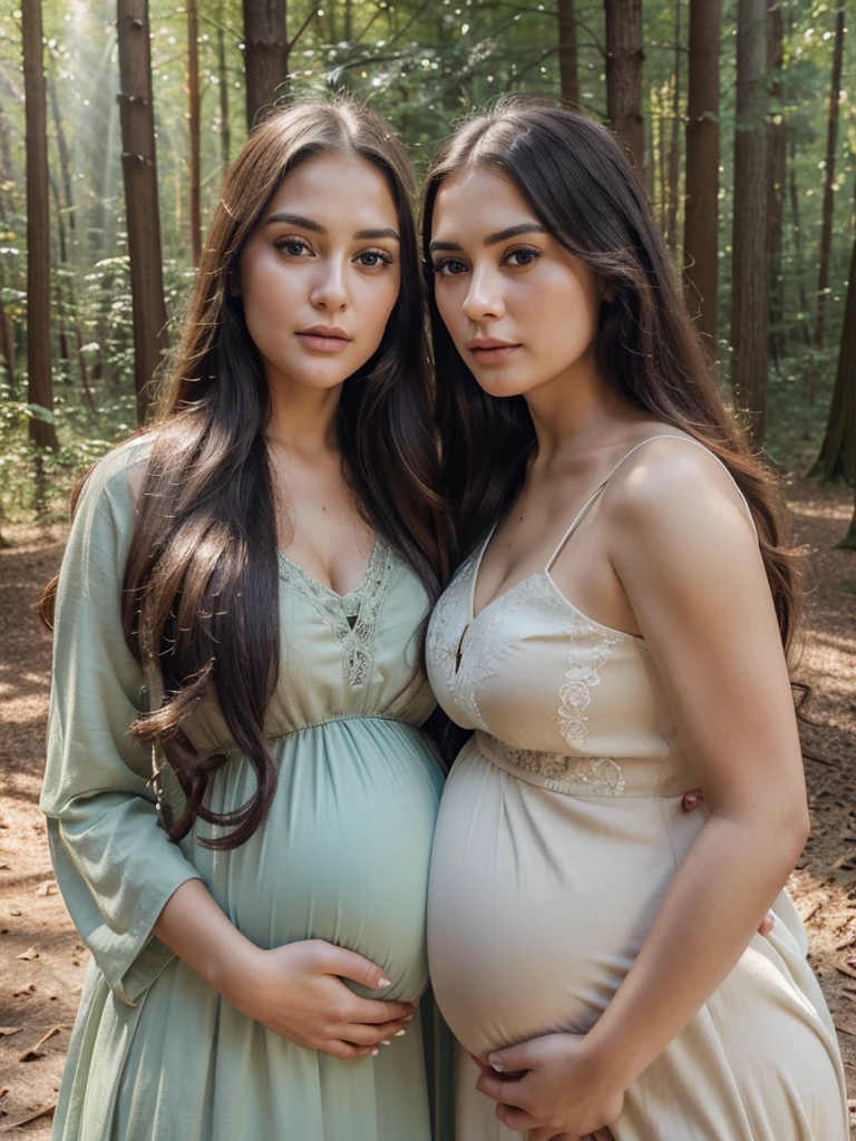 woman, pregnant twins, big belly, beautiful detailed eyes, beautiful detailed lips, extremely detailed eyes and face, long eyelashes, long hair, beautiful face, flowing hair, serene expression, forest, wood, sun rays, natural lighting, cinematic, dramatic, vivid colors, fantasy, ethereal, photorealistic, long dress